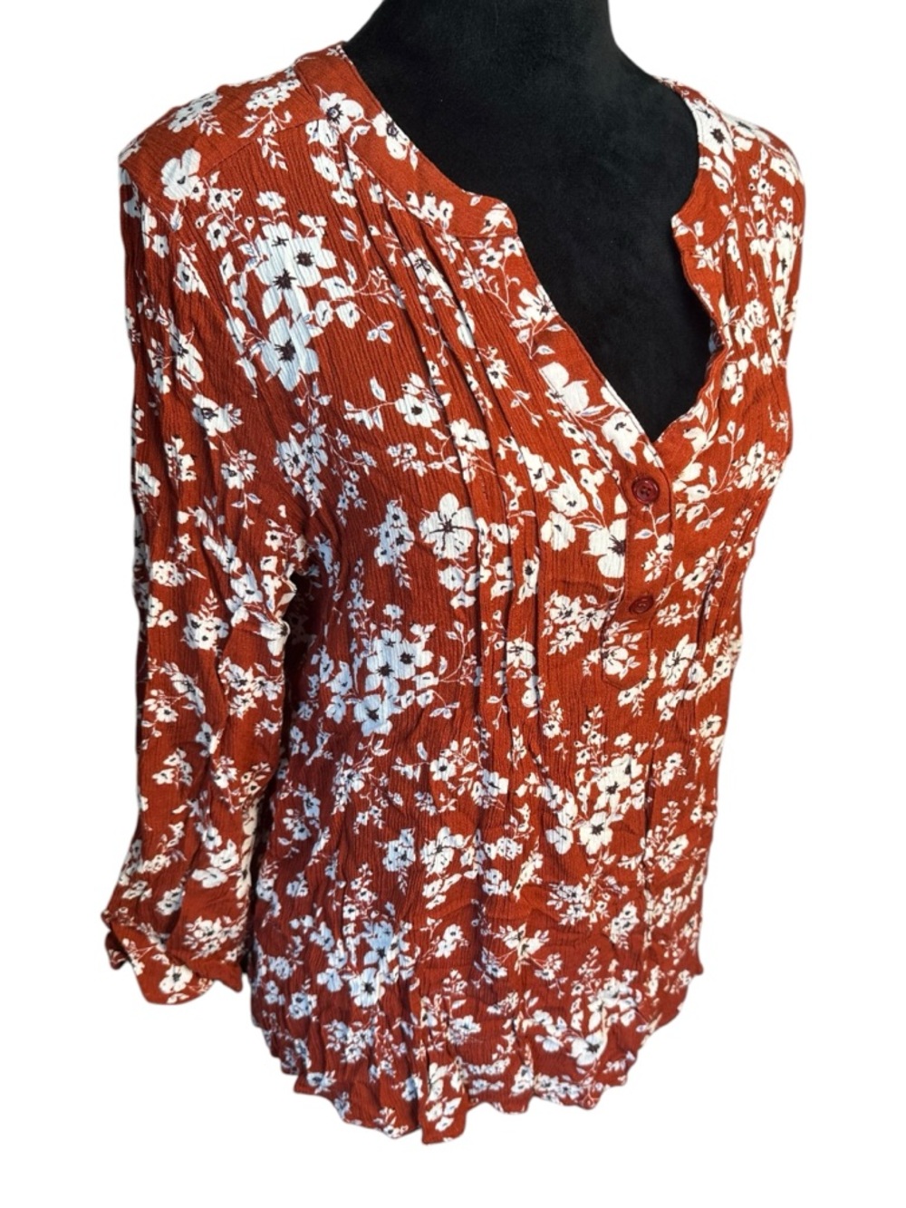 Monday Fun Dark Red / Rust Floral Crinkle Gauze Blouse – Boho Split Neck – Size - Picture 7 of 9